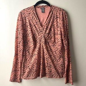Ann Taylor pink and brown mesh long sleeve abstract print top